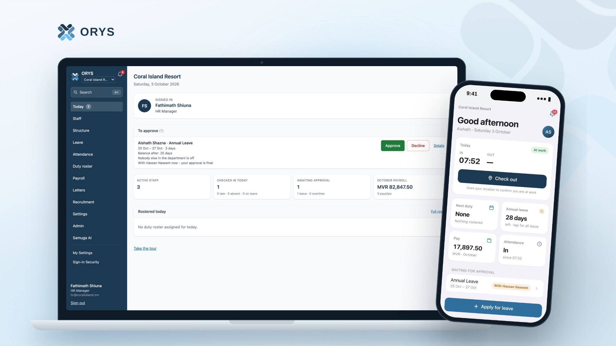The ORYS dashboard on a laptop next to the ORYS staff app on an iPhone.
